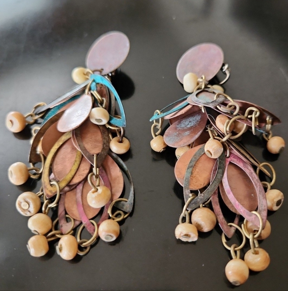 Metal & Wood Bead Vintage Earrings